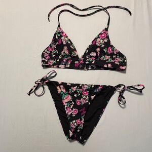Victoria Secret Bright Black and Pink Floral Adjustable Bikini Size Large